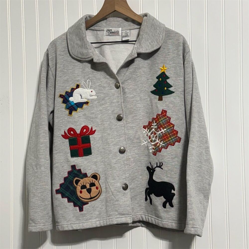 UGLY CHRISTMAS‎ SWEATER 1X Plus Fleece Cardigan Applique Patches Holiday Party